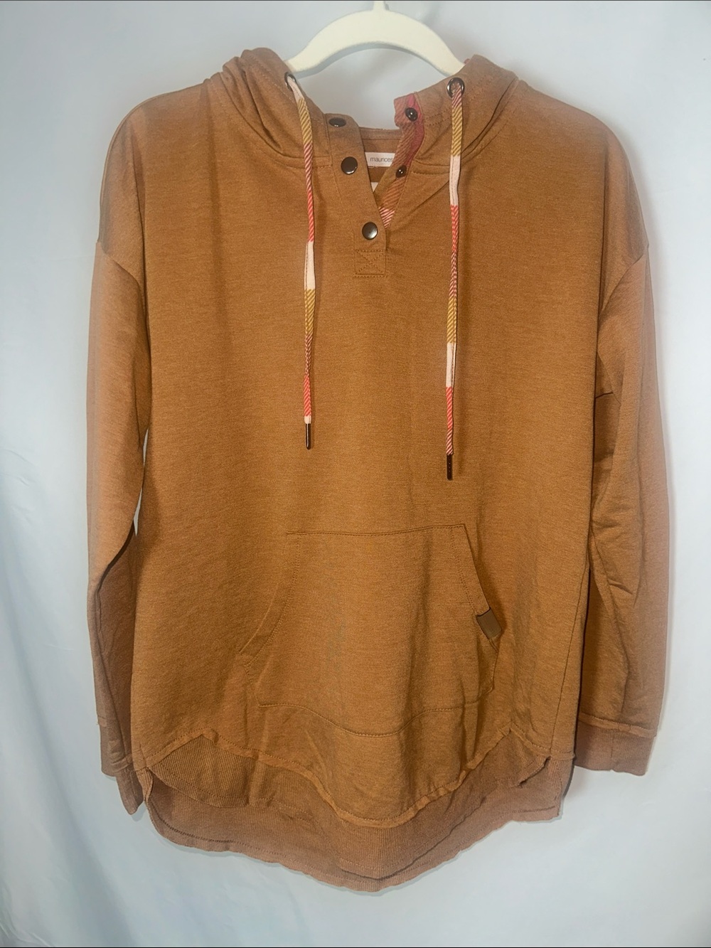 Maurices Camel Hooded Pullover with Snap Neck and Contrast Drawcords